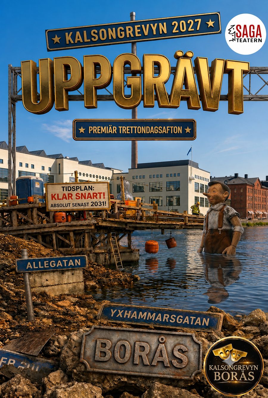 Affischen för Uppgrävt – Kalsongrevyn 2027, med premiär på trettondagsafton på Sagateatern.