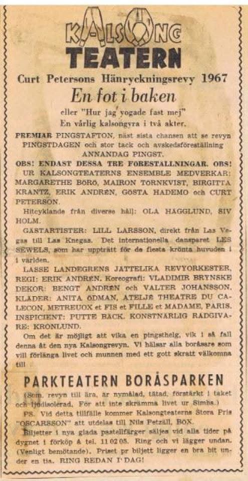 Tidningsannons för Kalsongteaterns revy En fot i baken 1967 i Parkteatern Boråsparken.