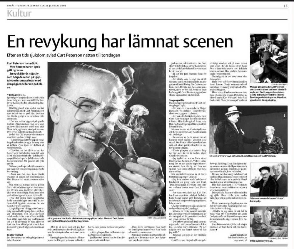 Uppslag ur Borås Tidning 25 januari 2002: En revykung har lämnat scenen – minnesartikel om Curt Peterson av Leif Danielsson.
