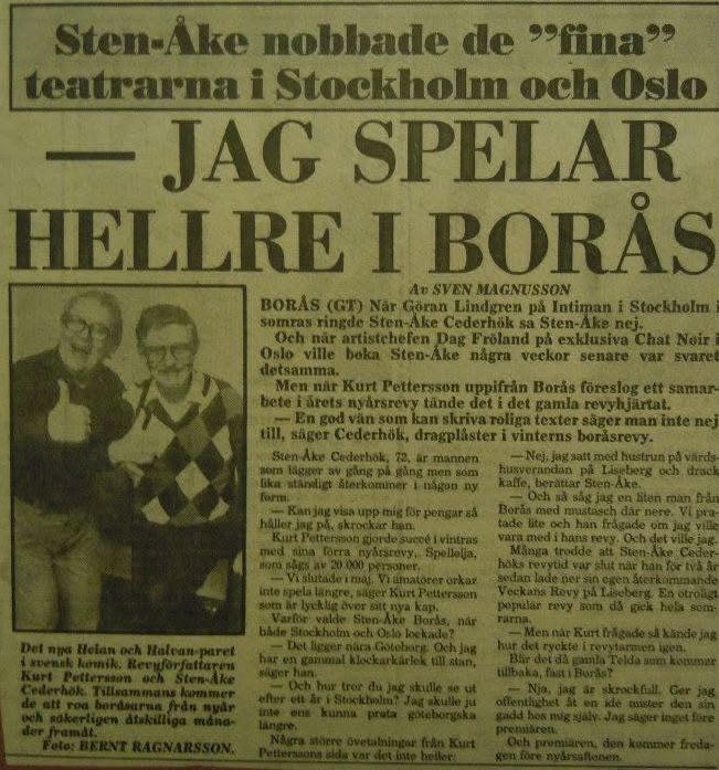 Tidningsuppslag ur Göteborgs-Tidningen: Sten-Åke Cederhök nobbade teatrarna i Stockholm och Oslo – 'Jag spelar hellre i Borås'.