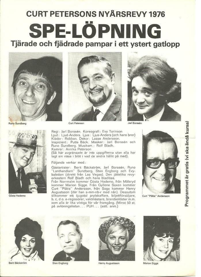 Programblad för Curt Petersons nyårsrevy 1976 Spe-löpning, i regi av Jarl Borssén.