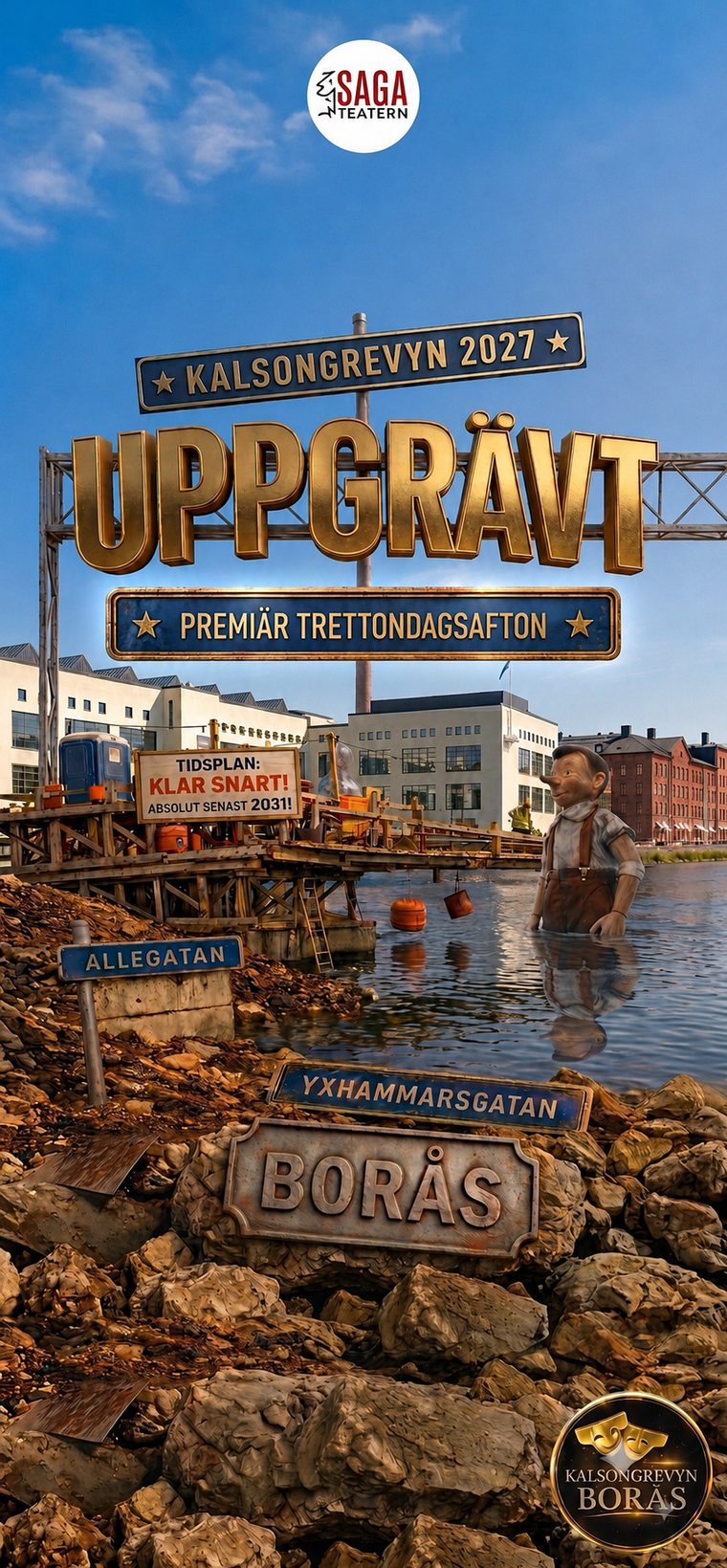 Kalsongrevyn 2027 – Uppgrävt. Uppgrävda gator och gatuskyltar vid Viskan i Borås, med en byggarbetare i vadarbyxor mitt i vattnet.